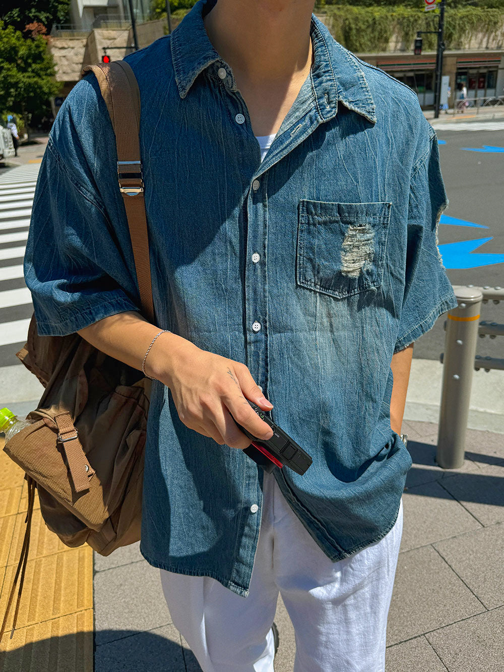 煙燻短袖牛仔襯衫