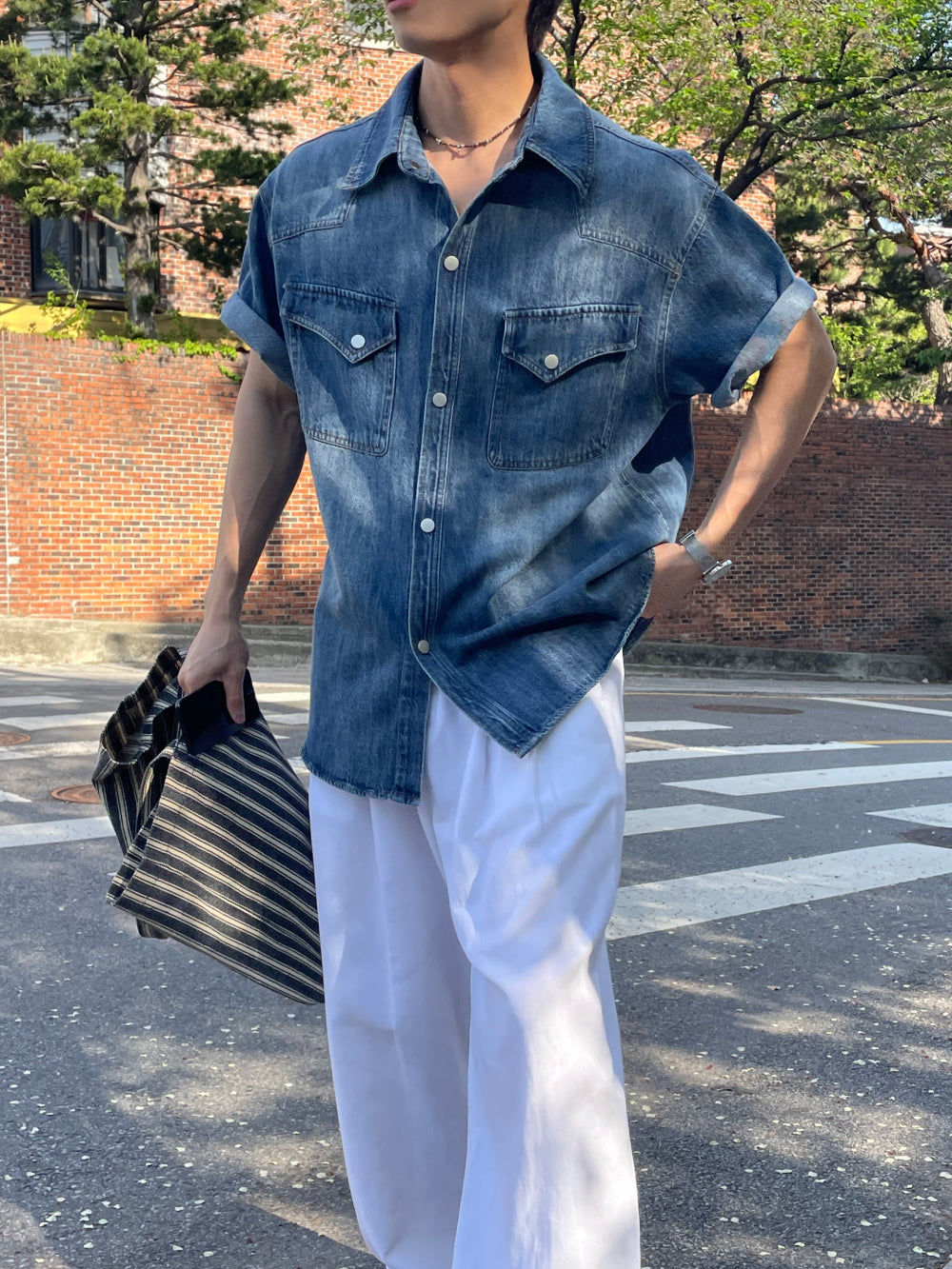 美式復古雙袋牛仔襯衫