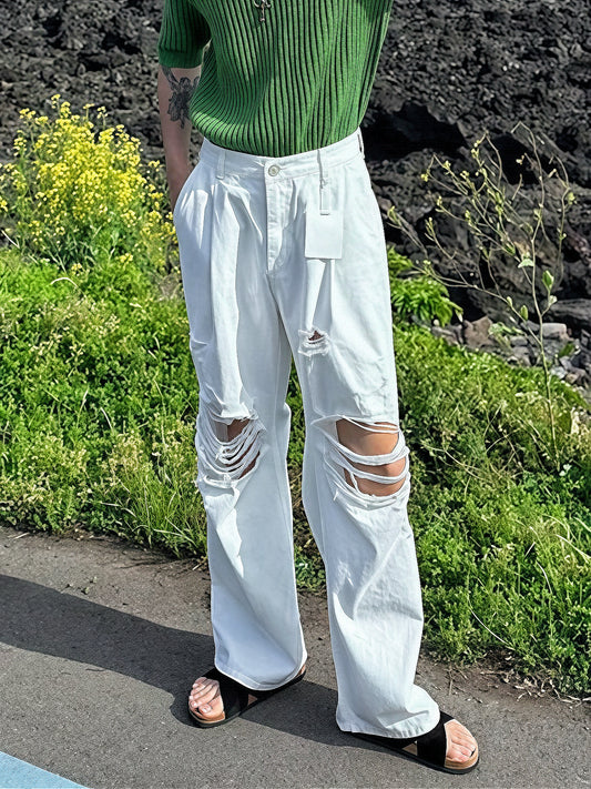 街頭破洞直筒牛仔褲