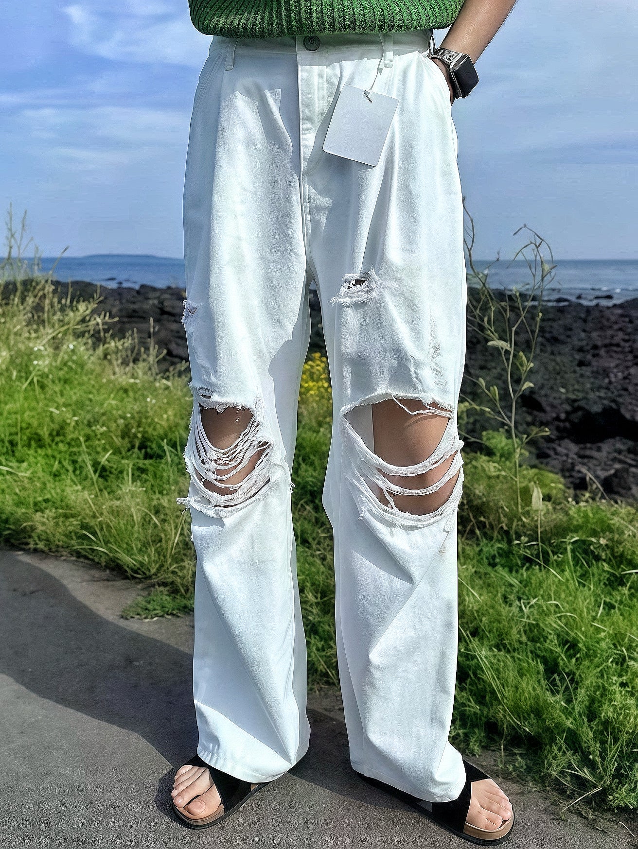 街頭破洞直筒牛仔褲