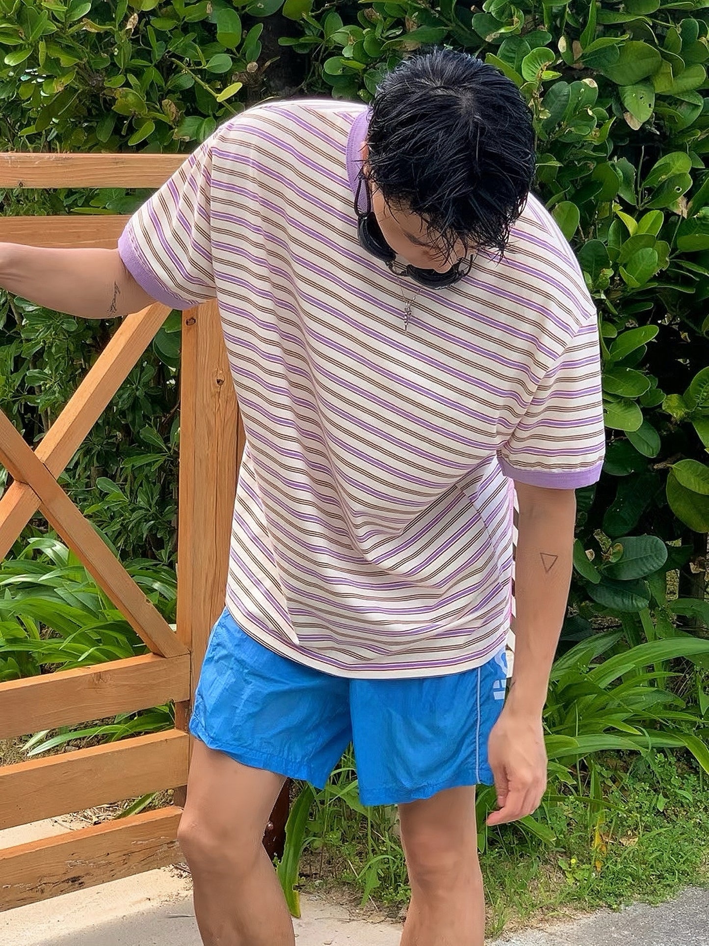 復古撞色條紋短袖上衣