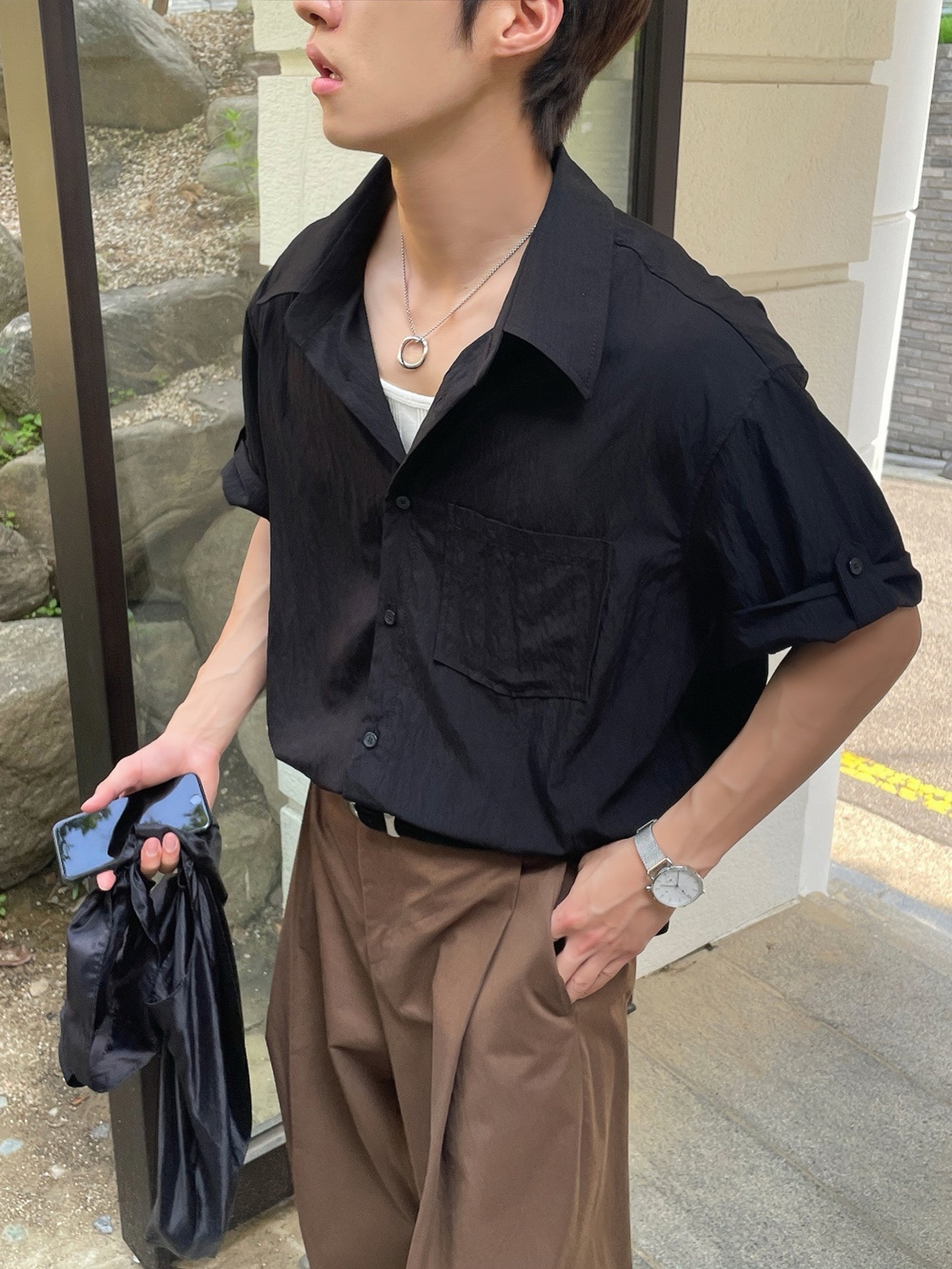 休閒捲袖開領襯衫