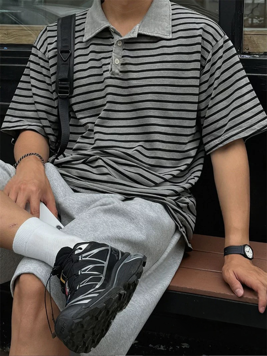 間條開領短袖上衣