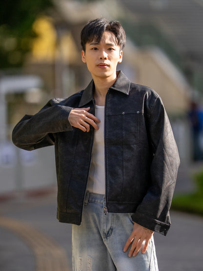 首爾洗水紋皮革外套