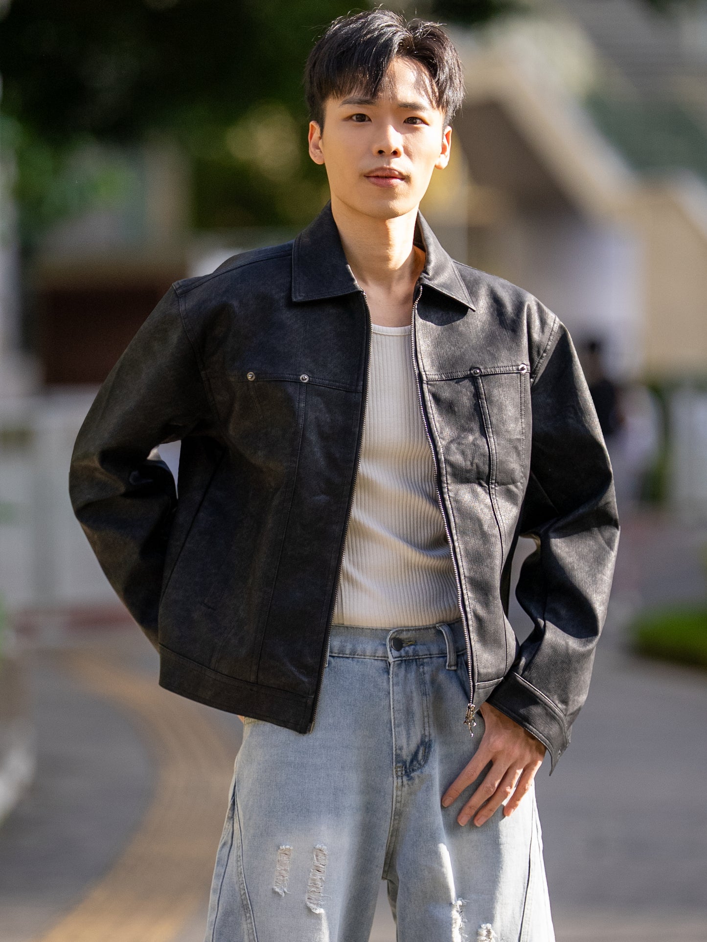 首爾洗水紋皮革外套