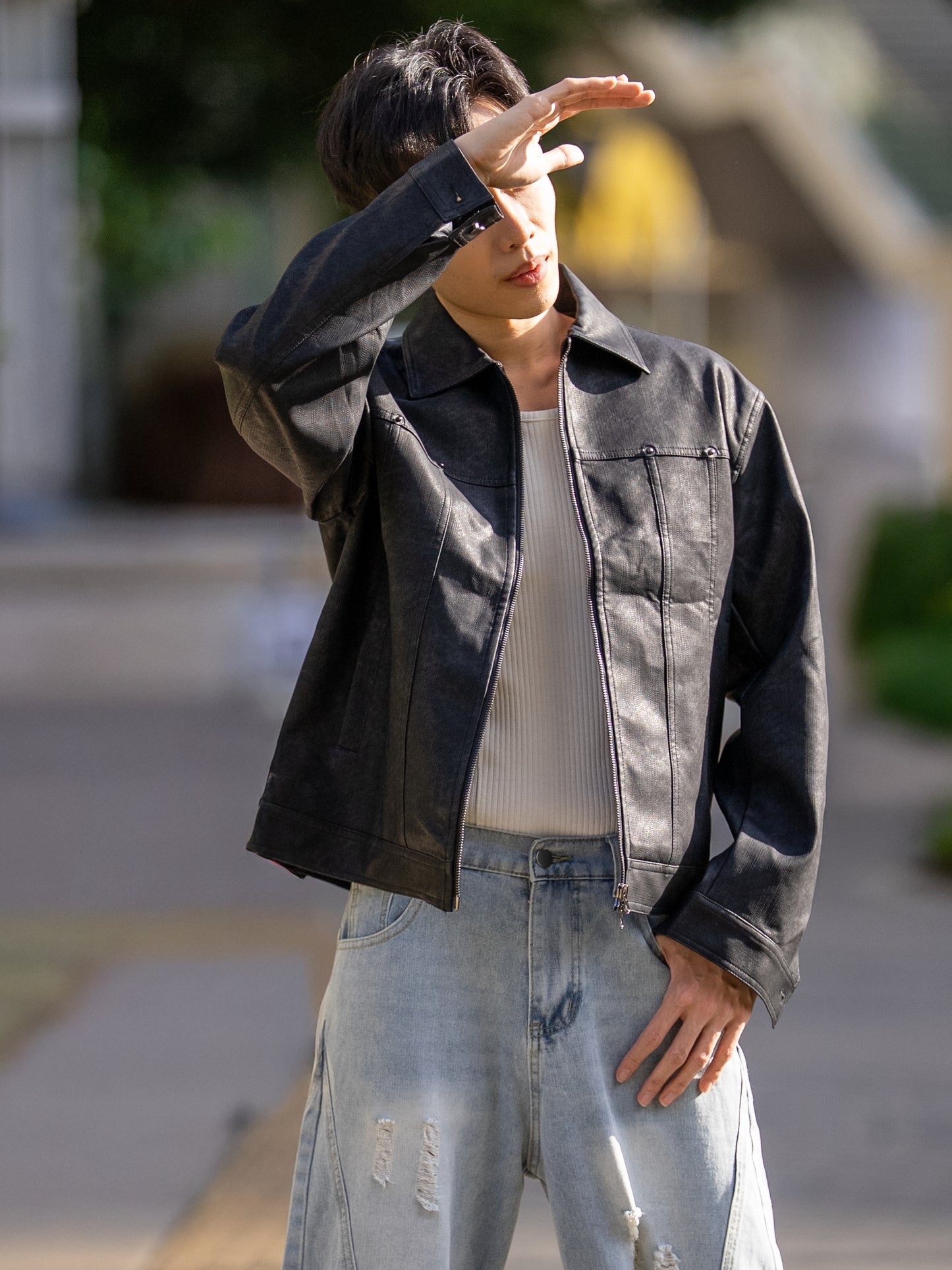 首爾洗水紋皮革外套