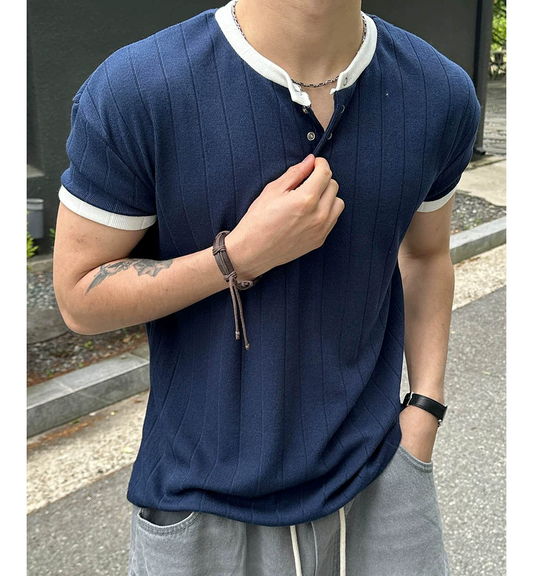 亨利領撞色羅紋短袖上衣