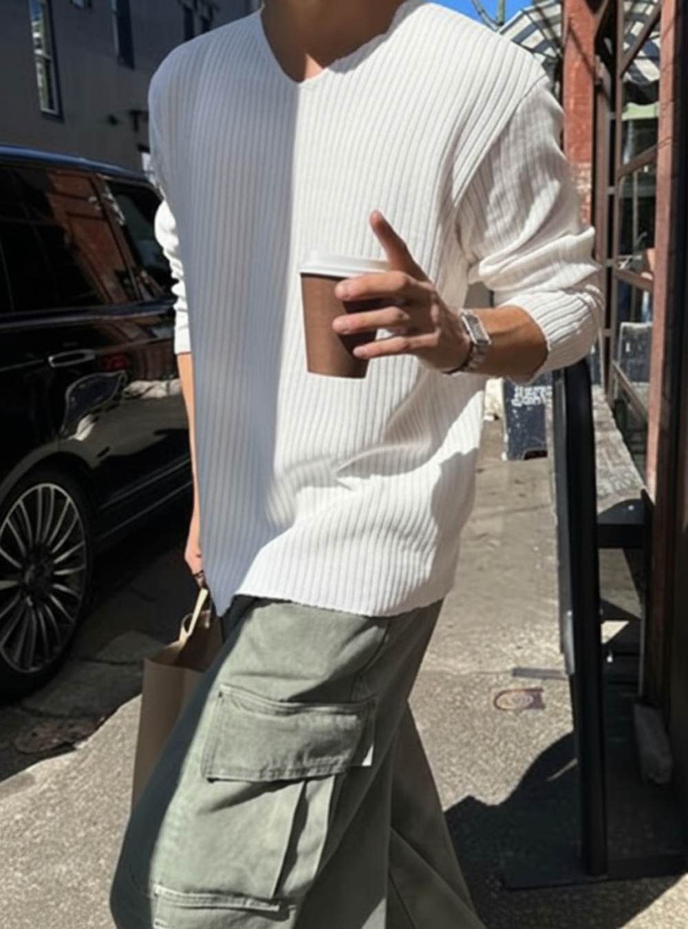 絨紋寬鬆半V領針織上衣