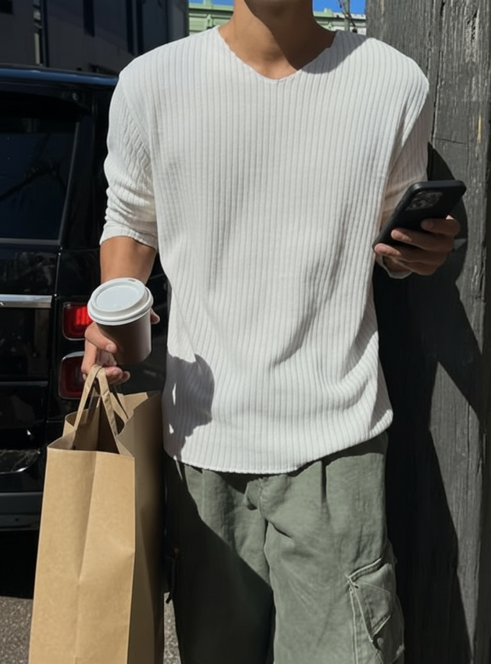 絨紋寬鬆半V領針織上衣