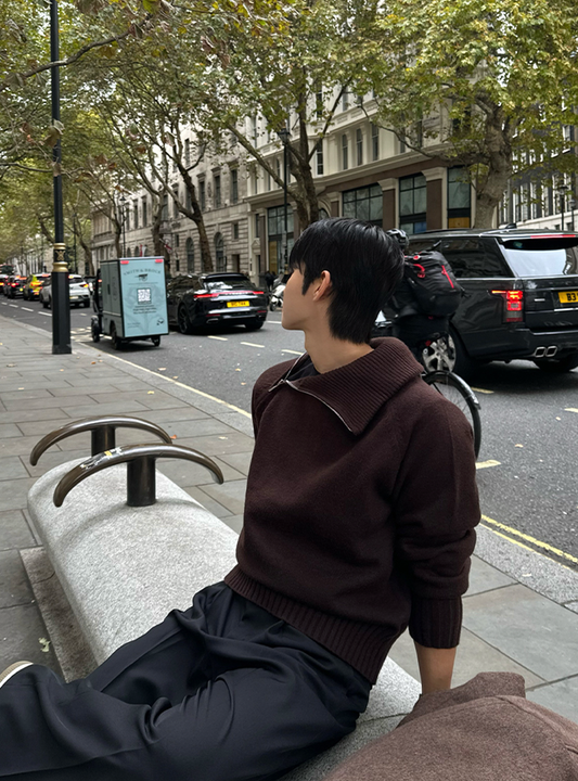 高領斜紋短款針織上衣