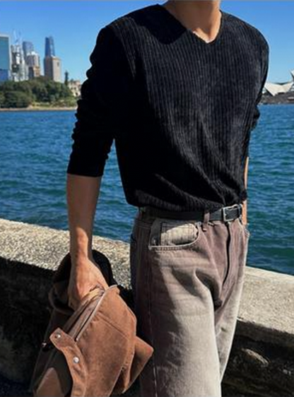 絨紋寬鬆半V領針織上衣