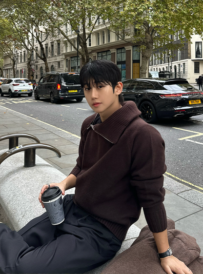 高領斜紋短款針織上衣