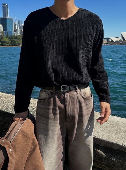 絨紋寬鬆半V領針織上衣