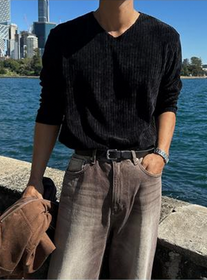 絨紋寬鬆半V領針織上衣