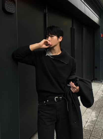 高領斜紋短款針織上衣