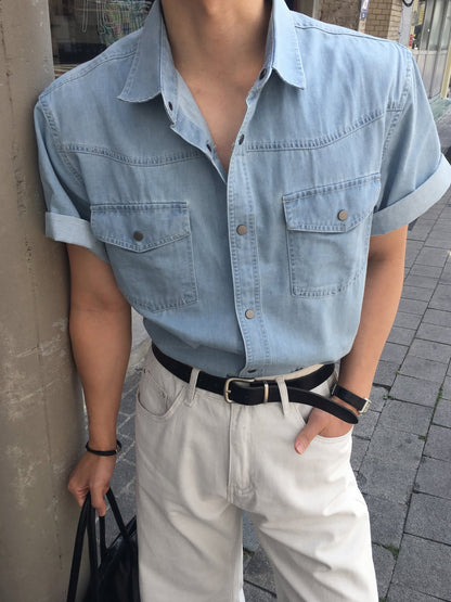 清爽日常牛仔短袖襯衫