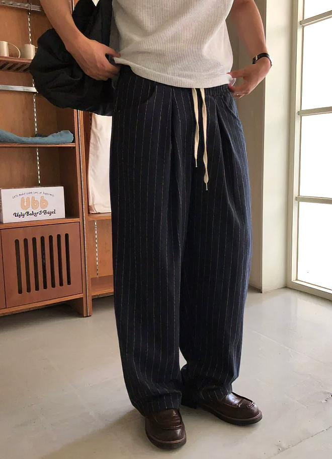亞麻條紋雙褶寬鬆長褲