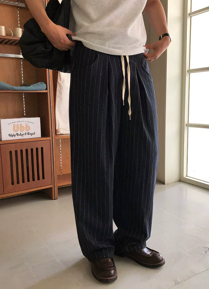 亞麻條紋雙褶寬鬆長褲