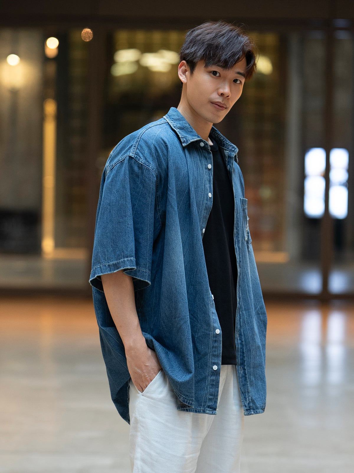 煙燻短袖牛仔襯衫