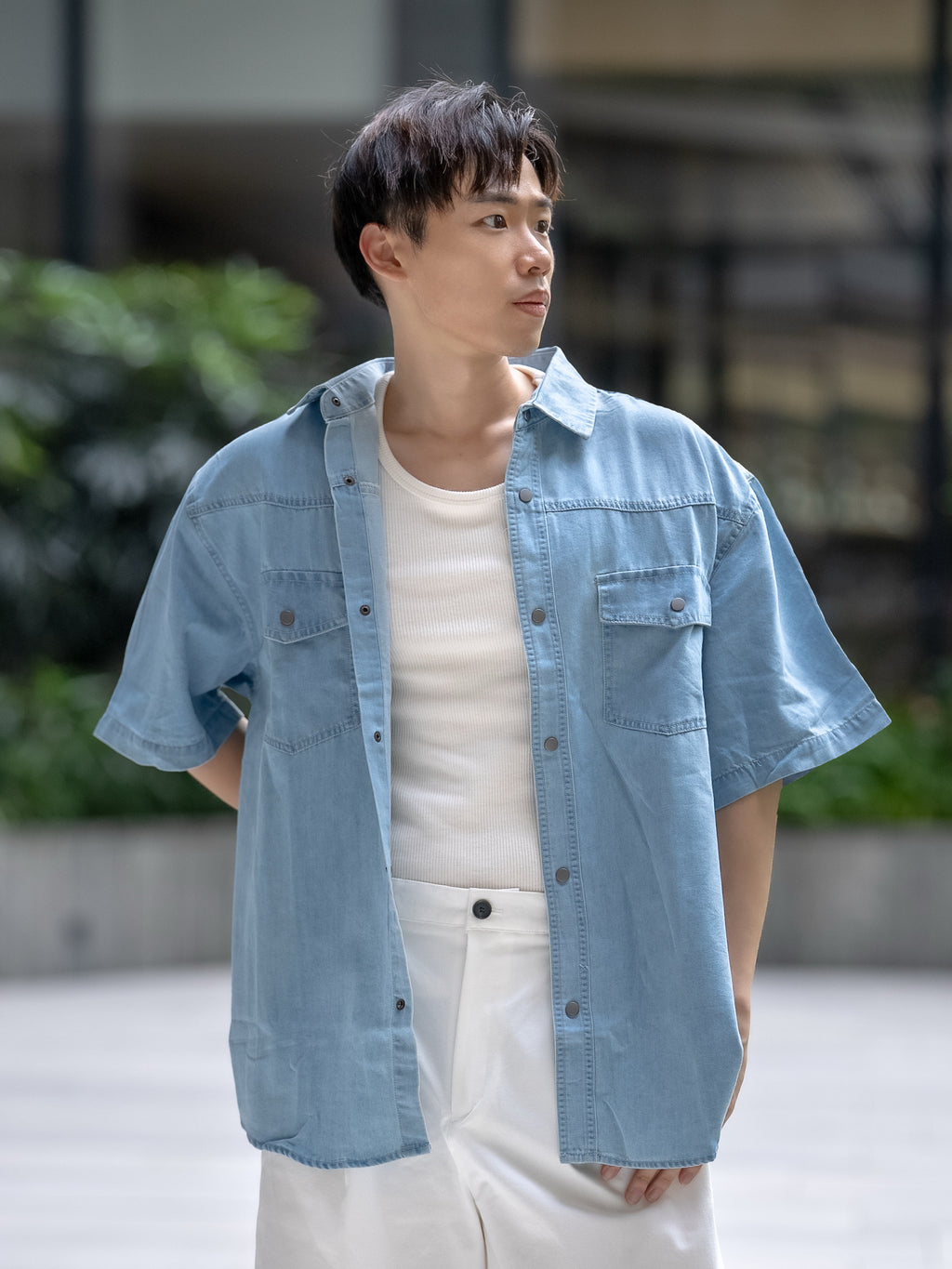 清爽日常牛仔短袖襯衫