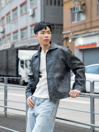 首爾洗水紋皮革外套