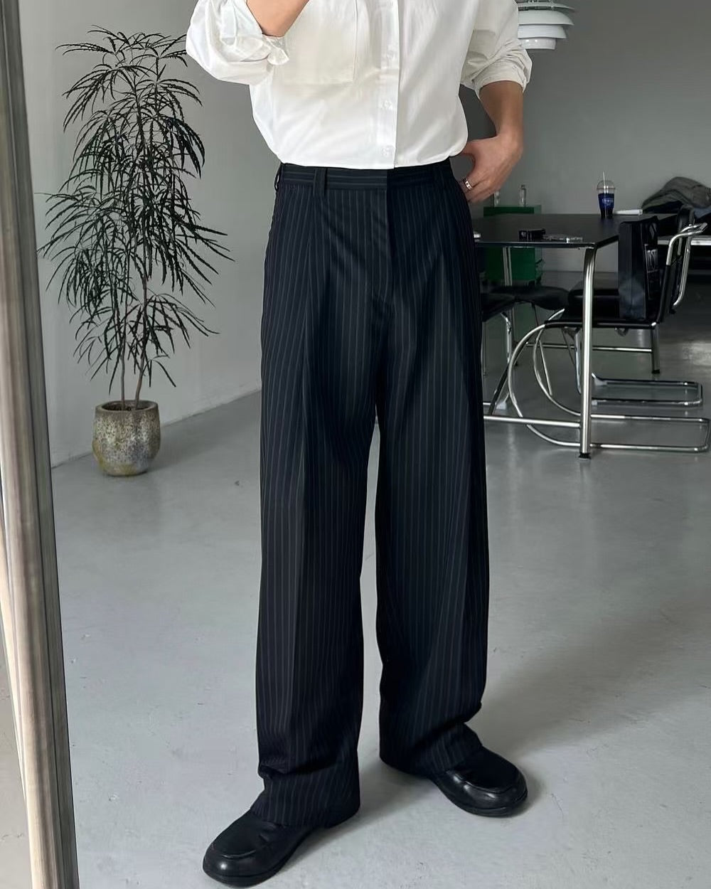 寬鬆條紋寬長褲