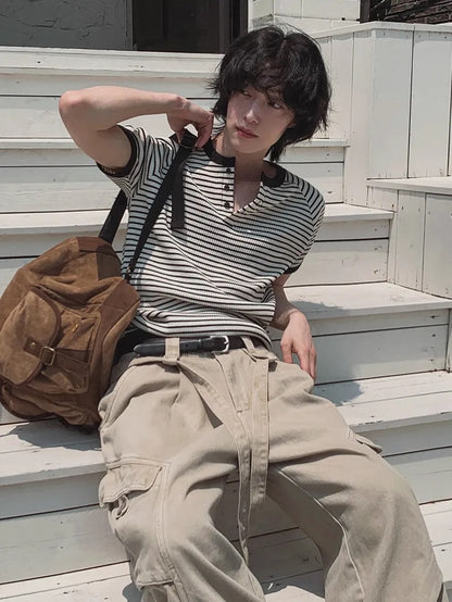 條紋亨利領羅紋上衣
