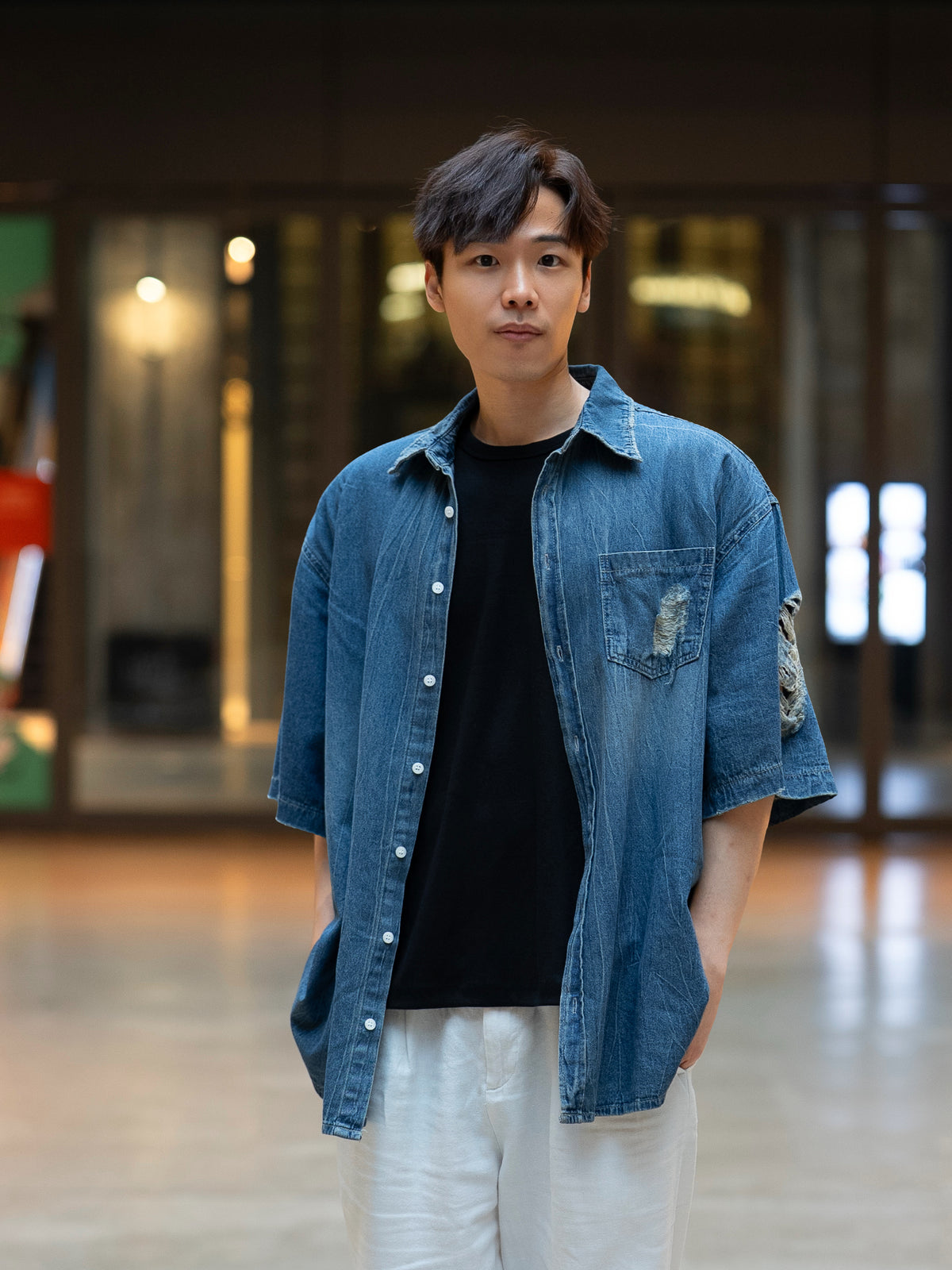 煙燻短袖牛仔襯衫