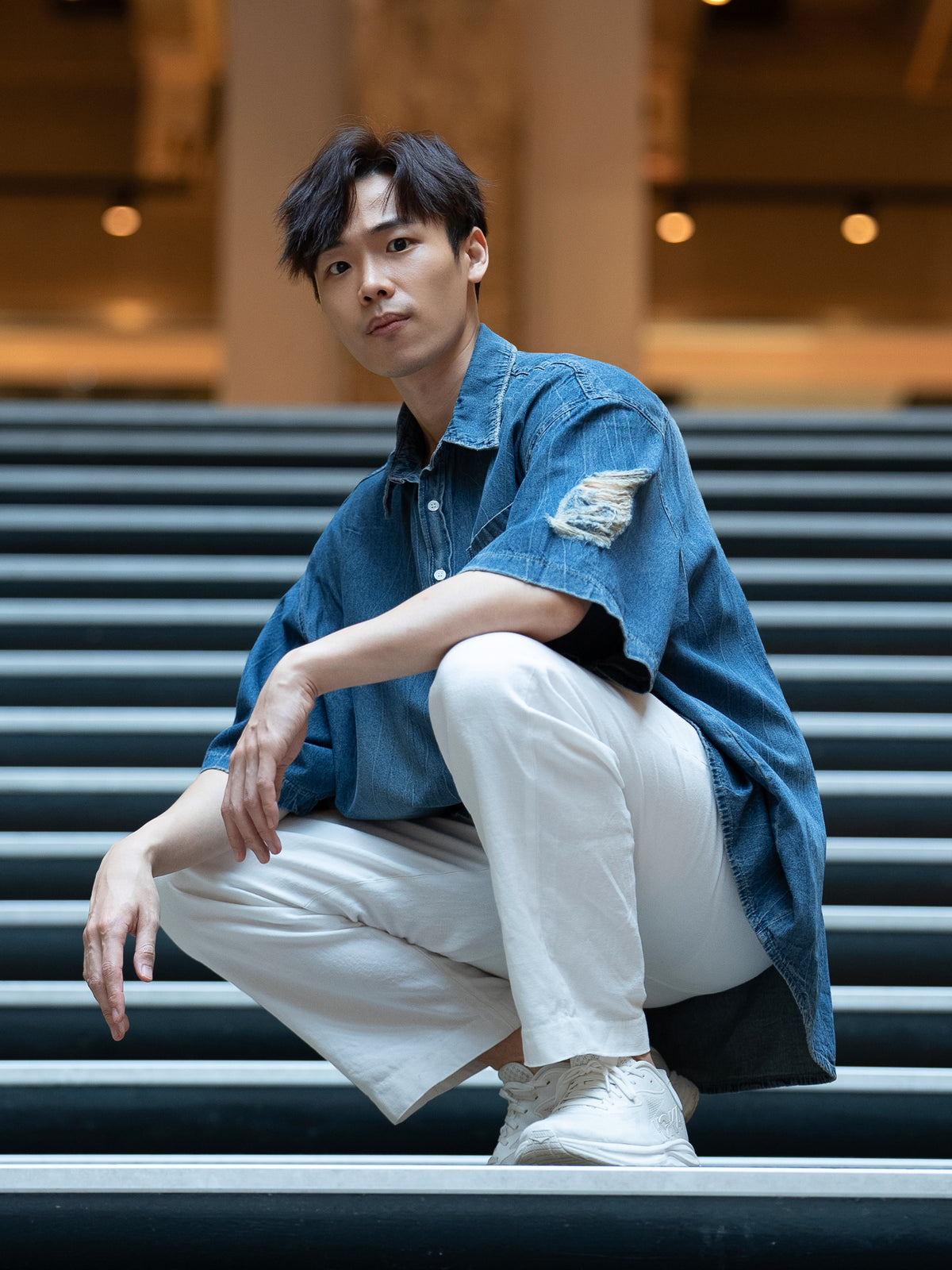 煙燻短袖牛仔襯衫
