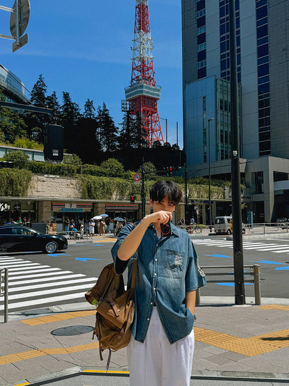 煙燻短袖牛仔襯衫