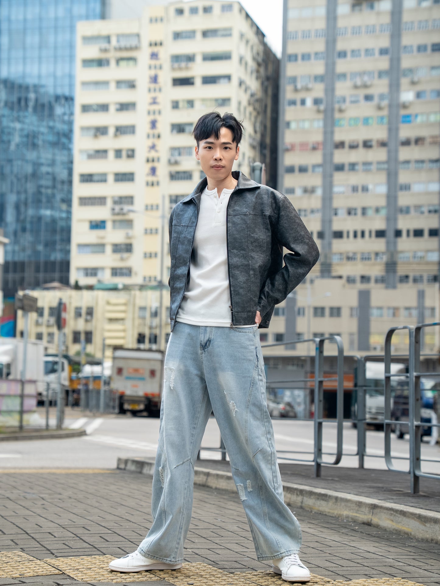 首爾洗水紋皮革外套