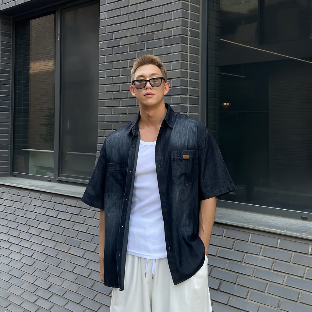 雙袋復古洗水牛仔襯衫
