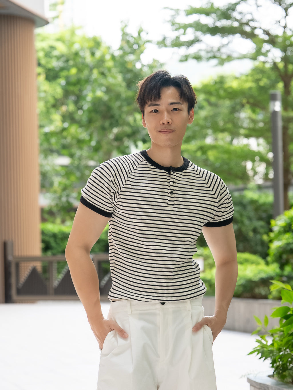 條紋亨利領羅紋上衣
