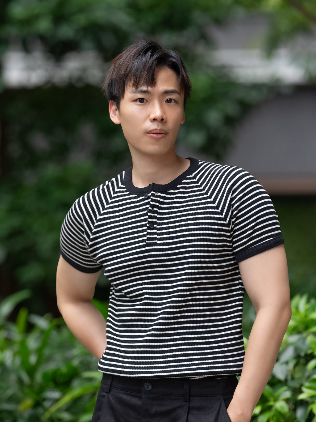 條紋亨利領羅紋上衣