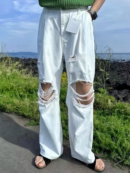 街頭破洞直筒牛仔褲