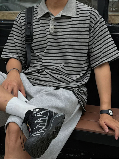 間條開領短袖上衣