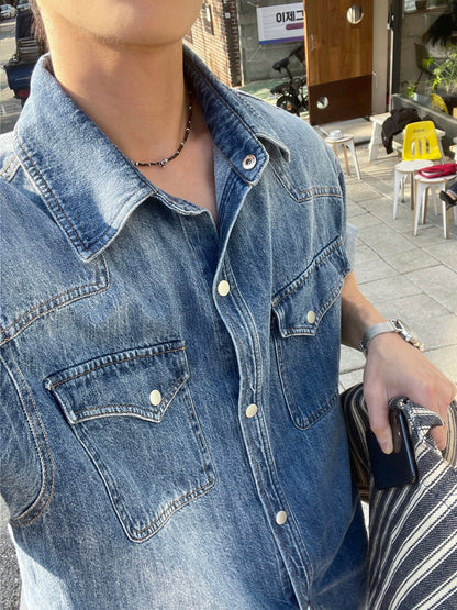 美式復古雙袋牛仔襯衫